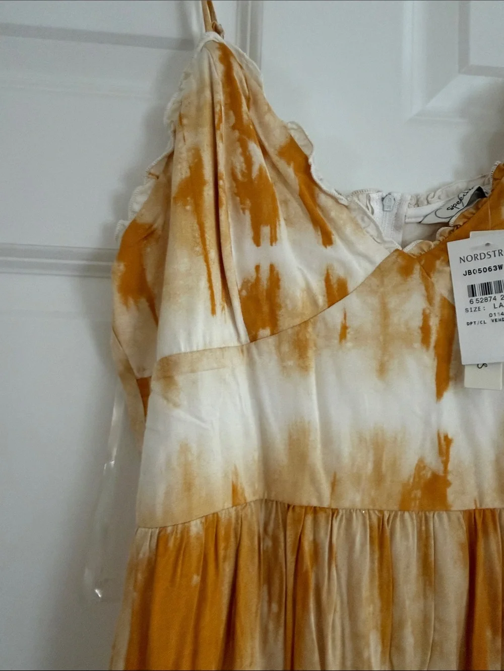 Speechless Tie-Dye Tiered Spaghetti Strap Dress in Mustard & White